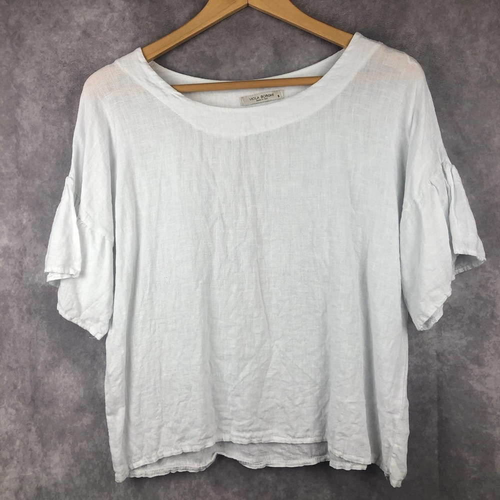 Viola Borghi Shirt Womens Small White 100% Linen Top Flutter‎ Sleeve Lagenlook